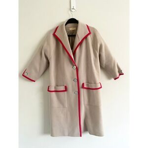Vintage Kramer's Carmel By The Sea Long Coat‎ Cream Knit Pink Red Trim Pockets